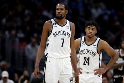 Nov 12, 2022; Los Angeles, California, USA;  Brooklyn Nets forward Kevin Durant (7) and guard Cam Thomas (24) during the second half against the Los Angeles Clippers at Crypto.com Arena. Mandatory Credit: Kiyoshi Mio-USA TODAY Sports