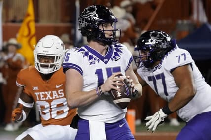 Nov 12, 2022; Austin, Texas, USA; Texas Christian Horned Frogs quarterback Max Duggan (15) prepares to throw a pass against the Texas Longhorns during the first half at Darrell K Royal-Texas Memorial Stadium. Mandatory Credit: Scott Wachter-USA TODAY Sports