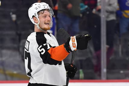 Nov 8, 2022; Philadelphia, Pennsylvania, USA; Philadelphia Flyers right wing Wade Allison (57) against the St. Louis Blues at Wells Fargo Center. Mandatory Credit: Eric Hartline-USA TODAY Sports