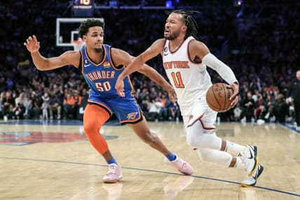 Nov 13, 2022; New York, New York, USA; New York Knicks guard Jalen Brunson (11) drives past Oklahoma City Thunder forward Jeremiah Robinson-Earl (50) in the first half at Madison Square Garden. Mandatory Credit: Wendell Cruz-USA TODAY Sports