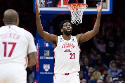 Nov 13, 2022; Philadelphia, Pennsylvania, USA; Philadelphia 76ers center Joel Embiid (21) reacts after scoring against the Utah Jazz during the second quarter at Wells Fargo Center. Mandatory Credit: Bill Streicher-USA TODAY Sports