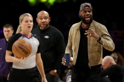 Nov 13, 2022; Los Angeles, California, USA;  Los Angeles Lakers forward LeBron James (right) during a game against the Brooklyn Nets at Crypto.com Arena. Mandatory Credit: Kiyoshi Mio-USA TODAY Sports