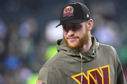 Nov 14, 2022; Philadelphia, Pennsylvania, USA; Washington Commanders quarterback Carson Wentz (11) during warmups against the Philadelphia Eagles at Lincoln Financial Field. Mandatory Credit: Eric Hartline-USA TODAY Sports