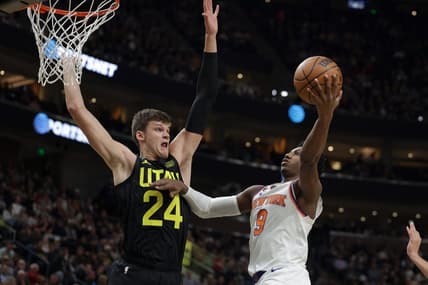 Nov 15, 2022; Salt Lake City, Utah, USA;  Utah Jazz center Walker Kessler (24) tries to block the shot of New York Knicks guard RJ Barrett (9) during the second quarter at Vivint Arena. Mandatory Credit: Chris Nicoll-USA TODAY Sports