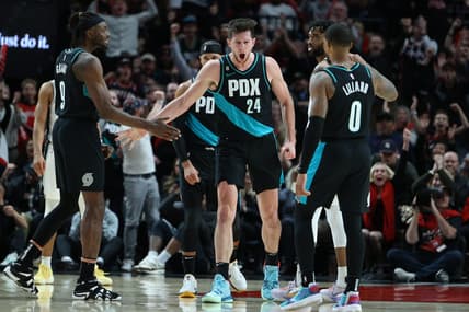 Nov 15, 2022; Portland, Oregon, USA; Portland Trail Blazers forward Drew Eubanks (24) reacts after scoring against the San Antonio Spurs in the second half at Moda Center. Mandatory Credit: Jaime Valdez-USA TODAY Sports