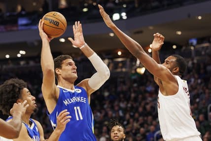 Nov 16, 2022; Milwaukee, Wisconsin, USA;  Milwaukee Bucks center Brook Lopez (11) shoots during the second quarter against the Cleveland Cavaliers at Fiserv Forum. Mandatory Credit: Jeff Hanisch-USA TODAY Sports