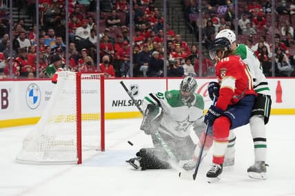 Nov 17, 2022; Sunrise, Florida, USA; Dallas Stars goaltender Scott Wedgewood (41) blocks the shot of Florida Panthers defenseman Marc Staal (18) during the second period at FLA Live Arena. Mandatory Credit: Jasen Vinlove-USA TODAY Sports