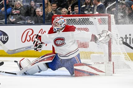 Nov 17, 2022; Columbus, Ohio, USA; Montreal Canadiens goaltender Sam Montembeault (35) is scored on in the third period abasing the Columbus Blue Jackets at Nationwide Arena. Mandatory Credit: Gaelen Morse-USA TODAY Sports