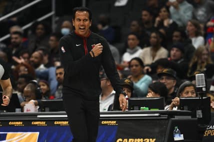 Nov 18, 2022; Washington, District of Columbia, USA; Miami Heat head coach Eric Spoelstra reacts against the Washington Wizards during the first half at Capital One Arena. Mandatory Credit: Brad Mills-USA TODAY Sports