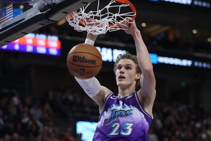 Nov 18, 2022; Salt Lake City, Utah, USA; Utah Jazz forward Lauri Markkanen (23) dunks the ball against the Phoenix Suns in the second quarter at Vivint Arena. Mandatory Credit: Rob Gray-USA TODAY Sports
