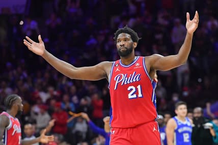 Nov 18, 2022; Philadelphia, Pennsylvania, USA; Philadelphia 76ers center Joel Embiid (21) reacts after making a basket against the Milwaukee Bucks late in the fourth quarter at Wells Fargo Center. Mandatory Credit: Eric Hartline-USA TODAY Sports