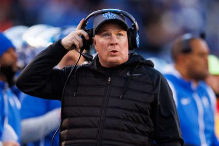 Nov 19, 2022; Lexington, Kentucky, USA; Kentucky Wildcats head coach Mark Stoops looks on during the first quarter against the Georgia Bulldogs at Kroger Field. Mandatory Credit: Jordan Prather-USA TODAY Sports