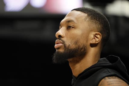 Nov 19, 2022; Portland, Oregon, USA; Portland Trail Blazers point guard Damian Lillard (0) warms up prior to a game against the Utah Jazz at Moda Center. Mandatory Credit: Soobum Im-USA TODAY Sports