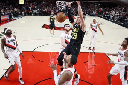 Nov 19, 2022; Portland, Oregon, USA; Utah Jazz power forward Lauri Markkanen (23) dunks the ball during the first half against the Portland Trail Blazers at Moda Center. Mandatory Credit: Soobum Im-USA TODAY Sports