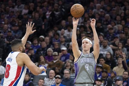 November 20, 2022; Sacramento, California, USA; Sacramento Kings guard Kevin Huerter (9) shoots the basketball against Detroit Pistons guard Cory Joseph (18) during the fourth quarter at Golden 1 Center. Mandatory Credit: Kyle Terada-USA TODAY Sports
