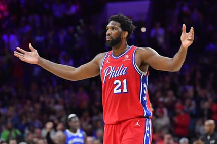 Nov 18, 2022; Philadelphia, Pennsylvania, USA; Philadelphia 76ers center Joel Embiid (21) against the Milwaukee Bucks at Wells Fargo Center. Mandatory Credit: Eric Hartline-USA TODAY Sports