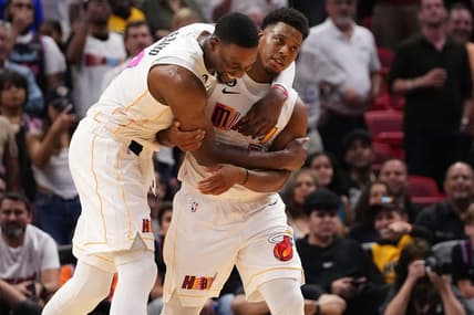Nov 23, 2022; Miami, Florida, USA; Miami Heat center Bam Adebayo (13) hugs guard Kyle Lowry (7) after defeating the Washington Wizards at FTX Arena. Mandatory Credit: Jasen Vinlove-USA TODAY Sports