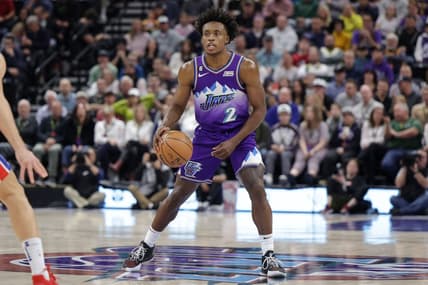 Nov 23, 2022; Salt Lake City, Utah, USA;  Utah Jazz guard Collin Sexton (2) controls the ball during the second half against the Detroit Pistons at Vivint Arena. Mandatory Credit: Chris Nicoll-USA TODAY Sports