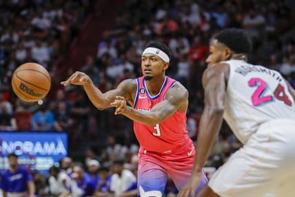 Nov 25, 2022; Miami, Florida, USA; Washington Wizards guard Bradley Beal (3) passes the ball during the second quarter against the Miami Heat at FTX Arena. Mandatory Credit: Sam Navarro-USA TODAY Sports