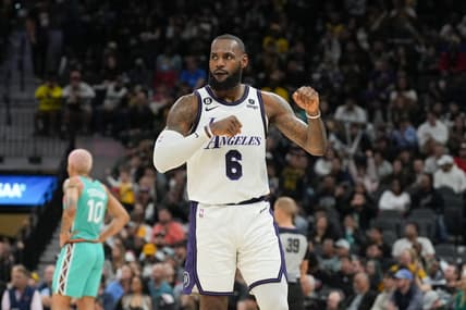 Nov 25, 2022; San Antonio, Texas, USA; Los Angeles Lakers forward LeBron James (6) celebrates in the second half against the San Antonio Spurs at the AT&T Center. Mandatory Credit: Daniel Dunn-USA TODAY Sports