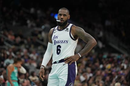 Nov 25, 2022; San Antonio, Texas, USA; Los Angeles Lakers forward LeBron James (6) looks on in the second half against the San Antonio Spurs at the AT&T Center. Mandatory Credit: Daniel Dunn-USA TODAY Sports
