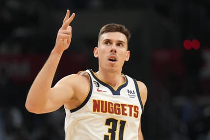 Nov 25, 2022; Los Angeles, California, USA; Denver Nuggets forward Vlatko Cancar (31) gestures against the LA Clippers in the second half at Crypto.com Arena. Mandatory Credit: Kirby Lee-USA TODAY Sports