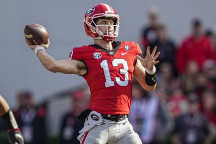 Nov 26, 2022; Athens, Georgia, USA; Georgia Bulldogs quarterback Stetson Bennett (13) passes the ball against the Georgia Tech Yellow Jackets during the first half at Sanford Stadium. Mandatory Credit: Dale Zanine-USA TODAY Sports