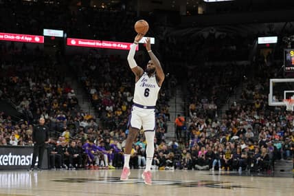 Nov 26, 2022; San Antonio, Texas, USA;  Los Angeles Lakers forward LeBron James (6) shoots in the first half against the San Antonio Spurs at the AT&T Center. Mandatory Credit: Daniel Dunn-USA TODAY Sports