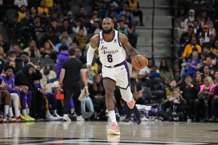 Nov 26, 2022; San Antonio, Texas, USA;  Los Angeles Lakers forward LeBron James (6) dribbles in the first half against the San Antonio Spurs at the AT&T Center. Mandatory Credit: Daniel Dunn-USA TODAY Sports