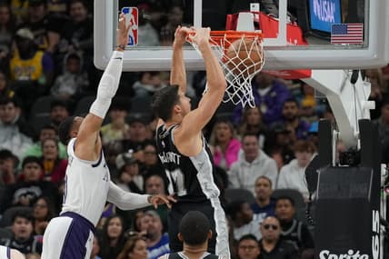 Nov 26, 2022; San Antonio, Texas, USA;  San Antonio Spurs forward Doug McDermott (17) dunks in the first half against the Los Angeles Lakers at the AT&T Center. Mandatory Credit: Daniel Dunn-USA TODAY Sports