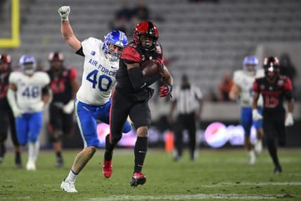 Nov 26, 2022; San Diego, California, USA; San Diego State Aztecs wide receiver Brionne Penny (11) runs with the ball as Air Force Falcons linebacker Alec Mock (40) prepares to punch the ball during the second half at Snapdragon Stadium. Mandatory Credit: Orlando Ramirez-USA TODAY Sports