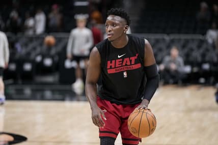 Nov 27, 2022; Atlanta, Georgia, USA; Miami Heat guard Victor Oladipo (4) warms up prior to the game against the Atlanta Hawks at State Farm Arena. Mandatory Credit: Dale Zanine-USA TODAY Sports