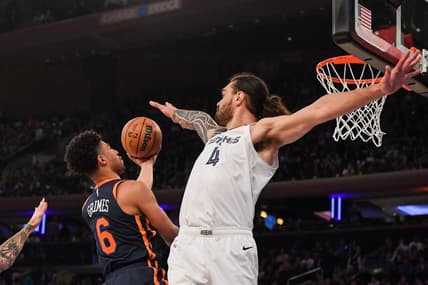 Nov 27, 2022; New York, New York, USA;  Memphis Grizzlies center Steven Adams (4) attempts to block a shot by New York Knicks guard Quentin Grimes (6) during the first quarter at Madison Square Garden. Mandatory Credit: Dennis Schneidler-USA TODAY Sports