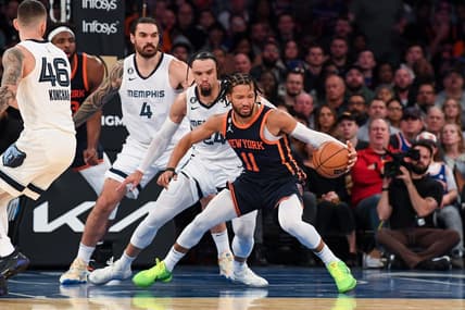 Nov 27, 2022; New York, New York, USA;  New York Knicks guard Jalen Brunson (11) makes a move defended by Memphis Grizzlies forward Dillon Brooks (24) during the fourth quarter at Madison Square Garden. Mandatory Credit: Dennis Schneidler-USA TODAY Sports