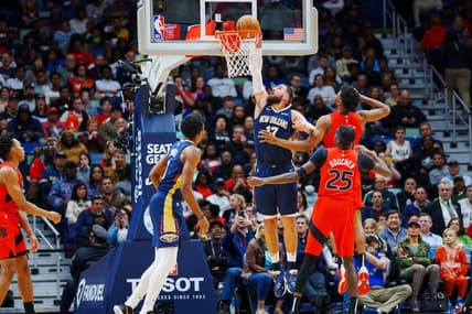 Nov 30, 2022; New Orleans, Louisiana, USA; New Orleans Pelicans center Jonas Valanciunas (17) dunks the Ball against the Toronto Raptors during the second quarter at Smoothie King Center. Mandatory Credit: Andrew Wevers-USA TODAY Sports