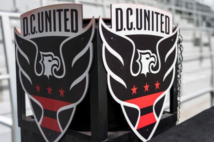 Feb 29, 2020; Washington, D.C., USA; A detailed view of D.C. United logos on the sideline before the game between the D.C. United and the Colorado Rapids at Audi Field. Mandatory Credit: Scott Taetsch-USA TODAY Sports