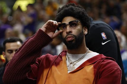 Mar 31, 2022; Salt Lake City, Utah, USA; Los Angeles Lakers forward Anthony Davis (3) sits on the bench during their game against the Utah Jazz at Vivint Arena. Mandatory Credit: Jeffrey Swinger-USA TODAY Sports