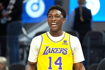 Apr 7, 2022; San Francisco, California, USA; Los Angeles Lakers forward Stanley Johnson (14) before the game against the Golden State Warriors at Chase Center. Mandatory Credit: Darren Yamashita-USA TODAY Sports