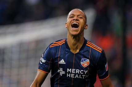 May 4, 2022; Cincinnati, Ohio, USA; FC Cincinnati forward Calvin Harris (12) reacts after scoring a goal against Toronto FC in the first half at TQL Stadium. Mandatory Credit: Katie Stratman-USA TODAY Sports