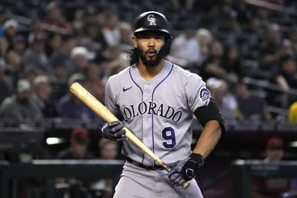 Aug 7, 2022; Phoenix, Arizona, USA; Colorado Rockies left fielder Connor Joe (9) reacts after striking out against the Arizona Diamondbacks in the sixth inning at Chase Field. Mandatory Credit: Rick Scuteri-USA TODAY Sports