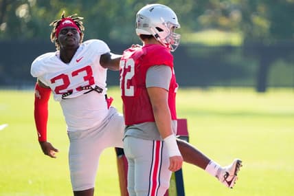 Aug 11, 2022; Columbus, OH, USA;  Ohio State Buckeyes defensive end Omari Abor (23) stretches with offensive lineman Avery Henry (72) during football camp at the Woody Hayes Athletic Center. Mandatory Credit: Adam Cairns-The Columbus Dispatch

Ohio State Football Camp