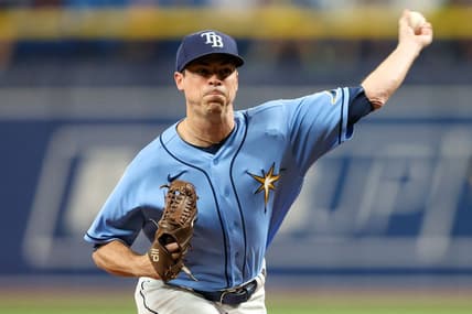 Aug 23, 2022; St. Petersburg, Florida, USA;  Tampa Bay Rays relief pitcher Brooks Raley (30) throws a pitch against the Los Angeles Angels   in the seventh inning at Tropicana Field. Mandatory Credit: Nathan Ray Seebeck-USA TODAY Sports