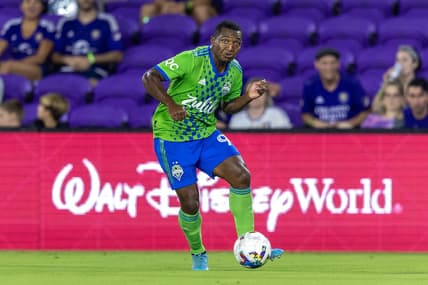 Aug 31, 2022; Orlando, Florida, USA;  Seattle Sounders defender Jimmy Medranda (94) controls the ball against Orlando City in the first half at Exploria Stadium. Mandatory Credit: Nathan Ray Seebeck-USA TODAY Sports
