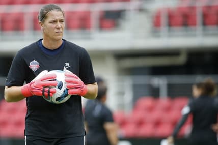 Sep 10, 2022; Washington, District of Columbia, USA; Washington Spirit goalkeeper Nicole Barnhart (28) participates in warmups prior to the Spirit game against San Diego Wave FC at Audi Field. Mandatory Credit: Amber Searls-USA TODAY Sports