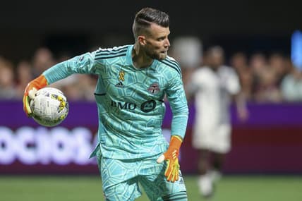 Sep 10, 2022; Atlanta, Georgia, USA; Toronto FC goalkeeper Quentin Westberg (16) puts the ball in play against Atlanta United in the second half at Mercedes-Benz Stadium. Mandatory Credit: Brett Davis-USA TODAY Sports
