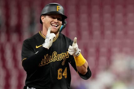 Pittsburgh Pirates designated hitter Diego Castillo (64) celebrates a two-run home run in the fifth inning of the MLB National League game between the Cincinnati Reds and the Pittsburgh Pirates at Great American Ball Park in downtown Cincinnati on Monday, Sept. 12, 2022. The Pirates led 6-2 in the top of the sixth inning.

Pittsburgh Pirates At Cincinnati Reds