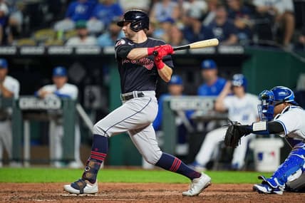 Sep 6, 2022; Kansas City, Missouri, USA; Cleveland Guardians first baseman Owen Miller (6) hits a single against the Kansas City Royals during the eighth inning at Kauffman Stadium. Mandatory Credit: Jay Biggerstaff-USA TODAY Sports