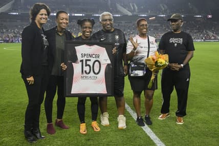 Sep 21, 2022; Los Angeles, California, USA; Angel City FC forward Jasmyne Spencer, third from left, is recognized for her 150th game before the start of a NWSL match against the Washington Spirit at Banc of California Stadium. Mandatory Credit: Jayne Kamin-Oncea-USA TODAY Sports
