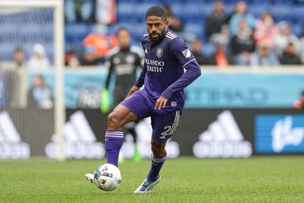 Oct 2, 2022; Harrison, New Jersey, USA; Orlando City SC defender Ruan (2) controls the ball against New York City FC during the first half at Red Bull Arena. Mandatory Credit: Vincent Carchietta-USA TODAY Sports