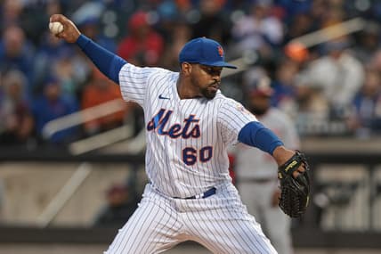 Oct 5, 2022; New York City, New York, USA; New York Mets starting pitcher Mychal Givens (60) delivers a pitch during the first inning against the Washington Nationals at Citi Field. Mandatory Credit: Vincent Carchietta-USA TODAY Sports
